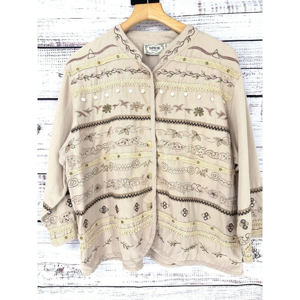 Vintage‎ 90s Tantrums Khaki Jacket Embroidered  Floral Button Size 2X Artsy